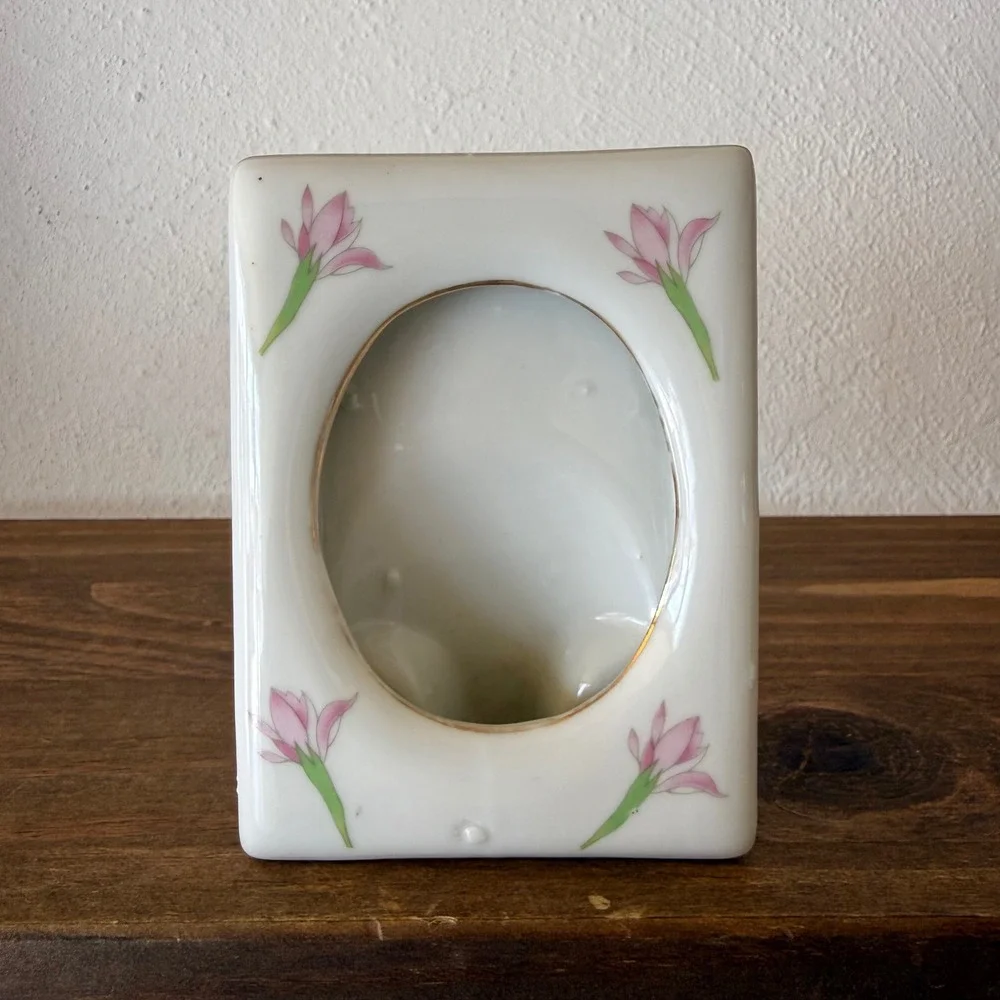 Vintage Porcelain Picture Frame Pink Floral Gold Trim Oval Tabletop